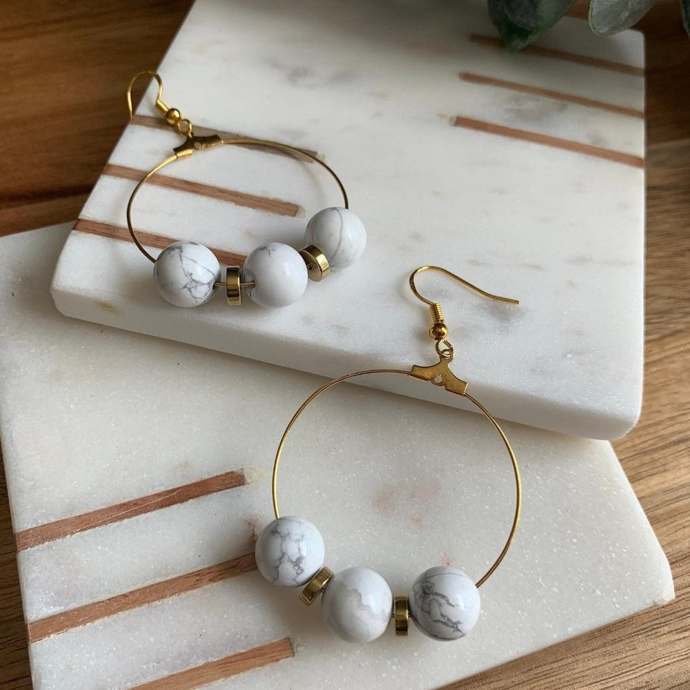 Marble and Gold Beaded Hoop Earrings